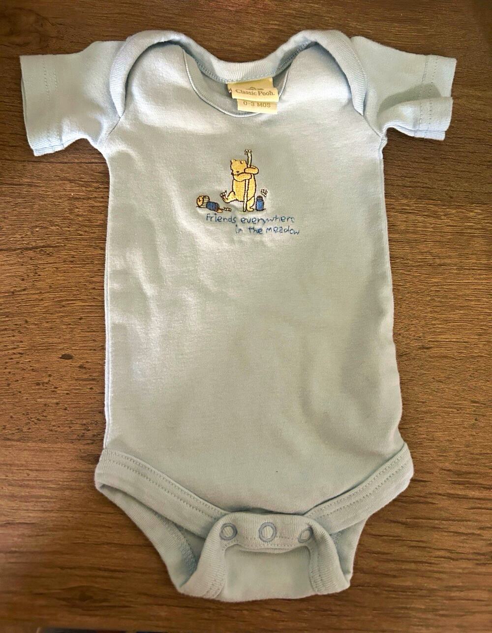 Classic Vintage Winnie the Pooh Blue Cotton Knit Short Sleeve Snap bodysuit 0-3M